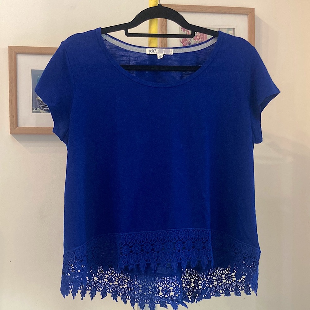 JOLT Ladies Short Sleeve Shirt Scoop Neck Royal Blue Lace Hem Top, Size Large